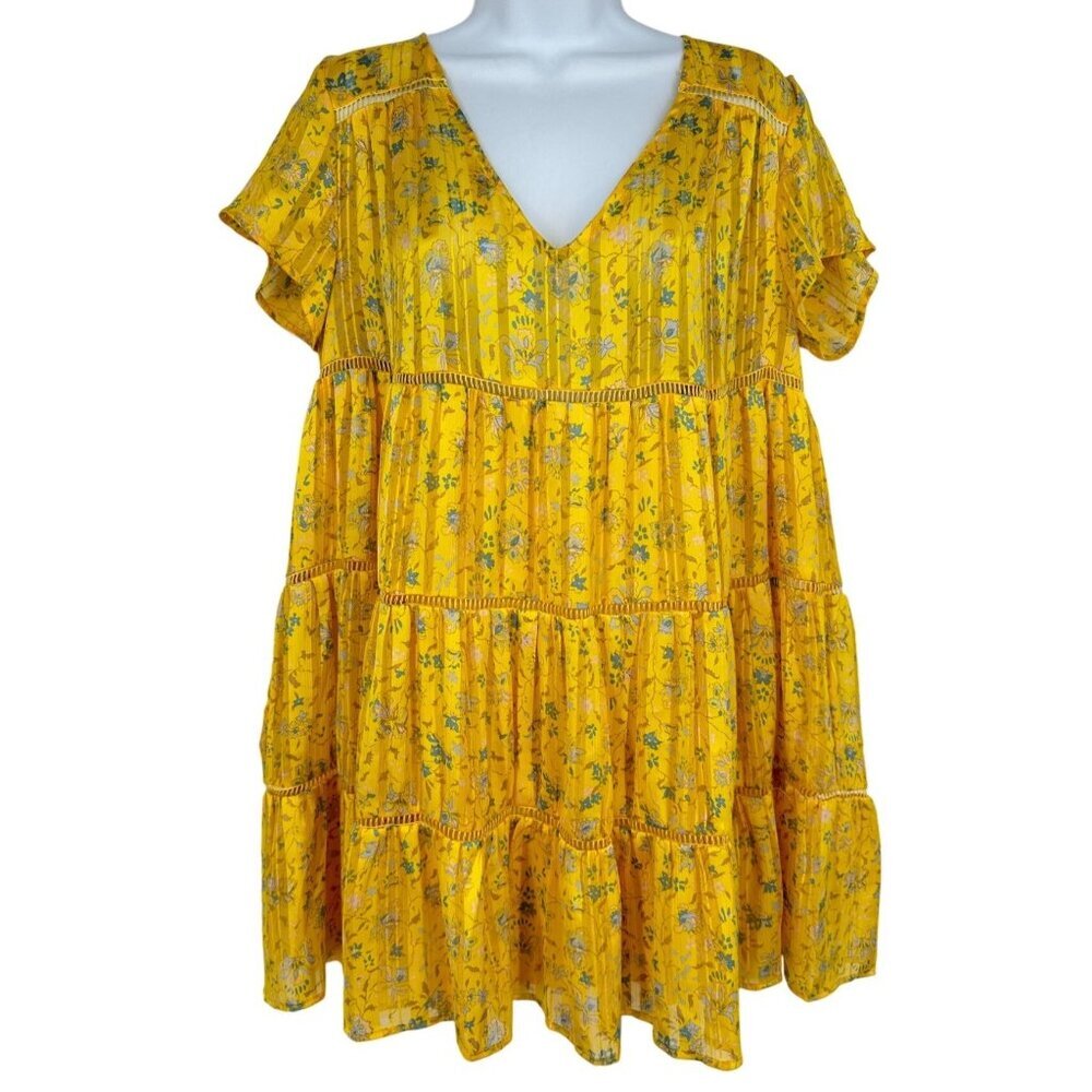 Urban Outfitters V-neck Cap Sleeve Summer Floral Yellow Tiered Shift Dress Sz S